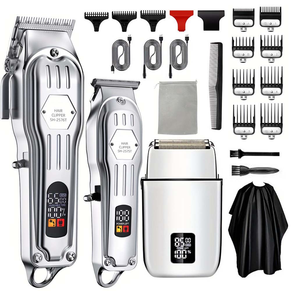 Home Barbershop - 男性用プロフェッショナルヘアクリッパー＆トリマーセット – 3-in-1 /2-in-1/1個入り電動ひげ剃り、LCDディスプレイ付きヘアカットマシン、USB充電式、複数のガイドコーム、家庭用およびサロン用理髪キット