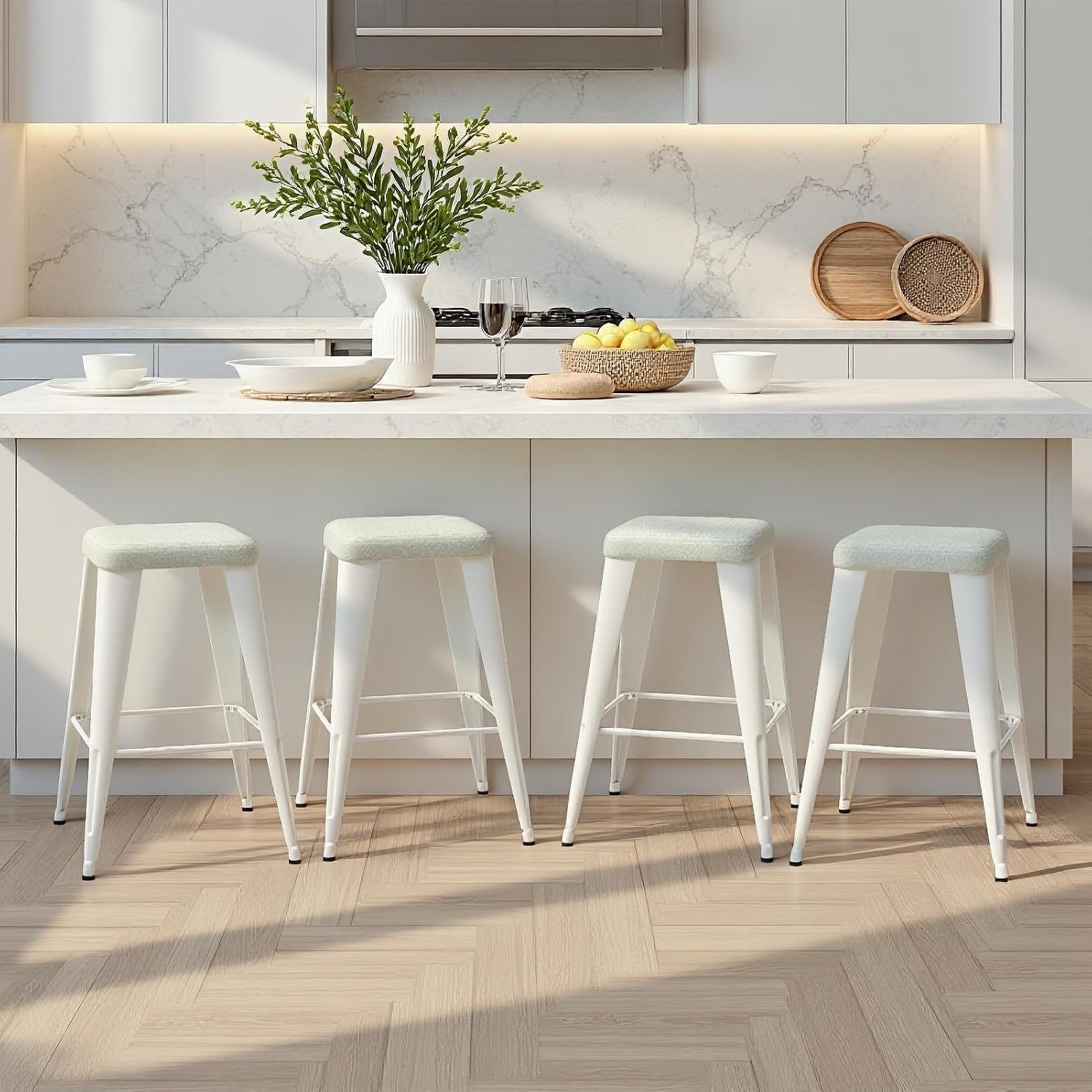 Home Bar Stools - バースツール4脚セット、高さ26インチのカウンターハイトバースツール、背もたれなし、金属製の脚付き布張りバースツール、キッチンアイランド、書斎、カフェ用、ホワイト