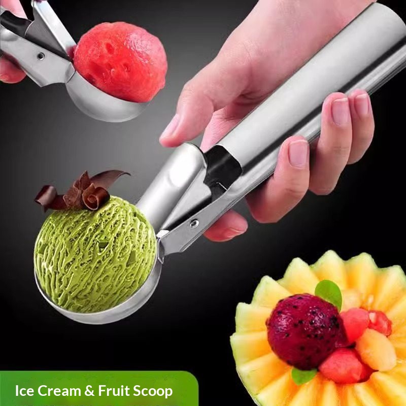 Ice Pick Pick - ステンレス鋼製アイスクリームスクープ、トリガー付き簡単リリース、フルーツボールスクープ、多機能家庭用スイカ・メロンスプーン