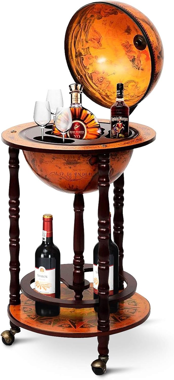 Home Bar Shelves - グローブバーカート、リキュールバーキャビネット、回転式ホイール付き収納ボトムシェルフ、旧世界地図イタリアンレプリカ、レトロワインアルコールスタンド、ダイニングルーム、リビングルーム、家庭用家具、ブラウン