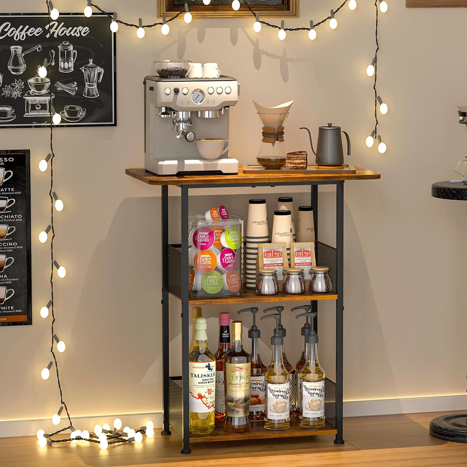 Home Bar Shelves - ミニフロアスタンド型コーヒーバーシェルフ、3段小型コーヒーテーブル、コーナーファームハウスコーヒーバーキャビネット；ダイニングルーム、リビングルーム-カプセル、コーヒーメーカー（ブラウン+ブラック）