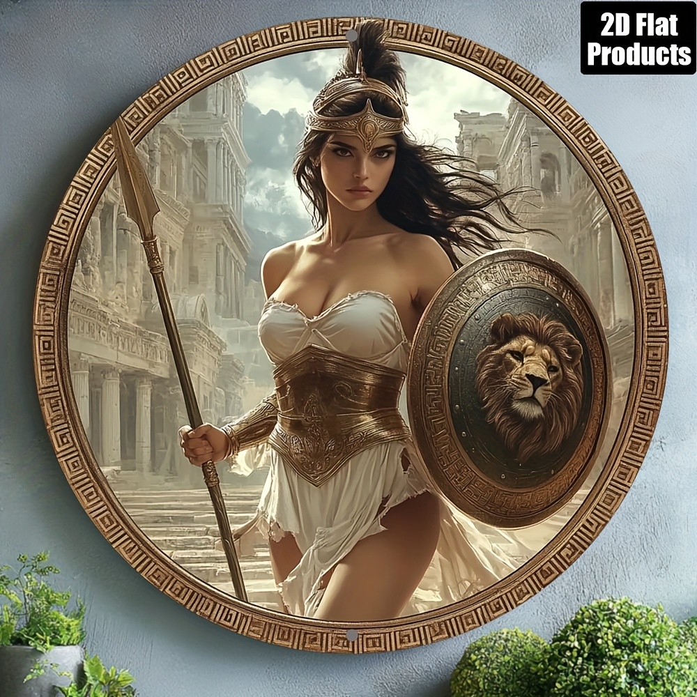 Home Bar Cafe - ヴィンテージギリシャ戦士ラウンドアルミニウムウォールアート8x8インチ防水耐久性のある金属装飾品バー、キッチン、カフェ、ホームオフィス用