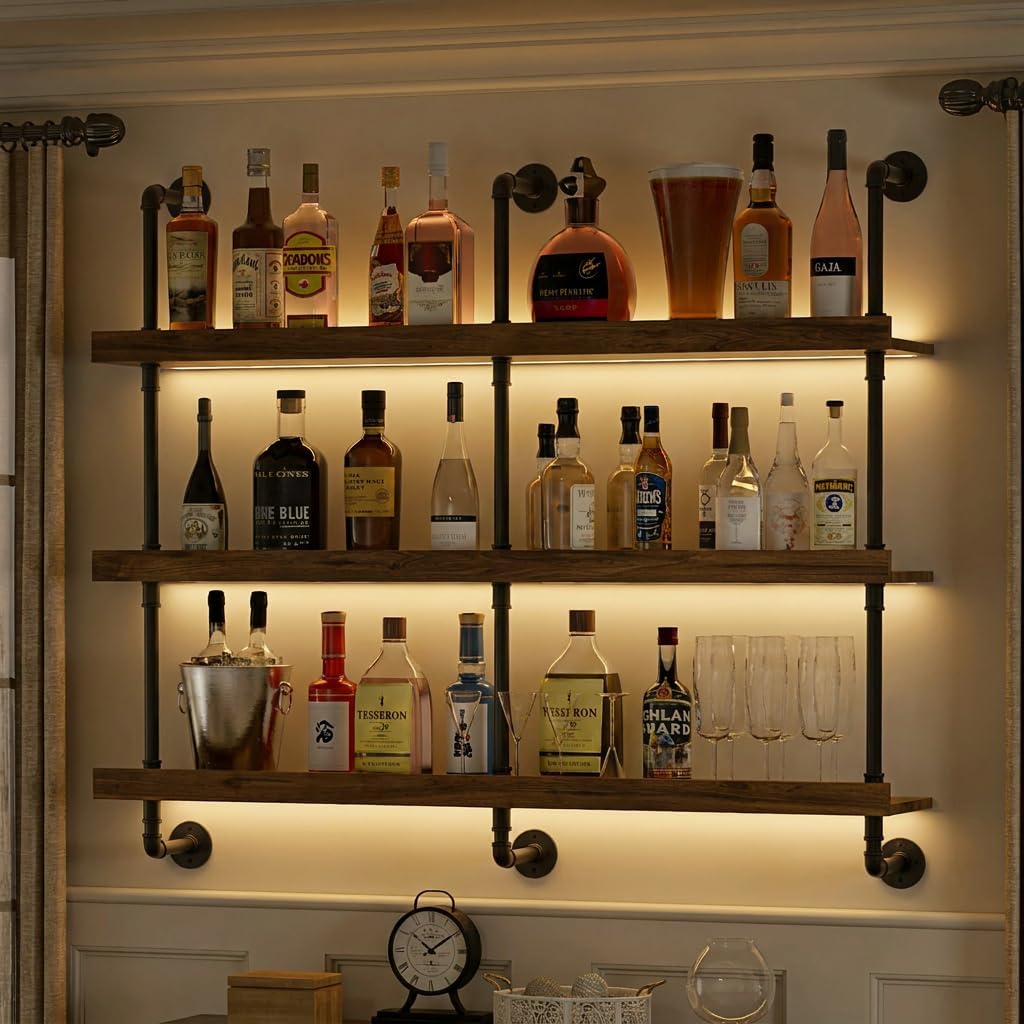 Home Bar Shelves - 壁掛けワインラック LEDライト付き 3段フローティングバーシェルフ 酒瓶ディスプレイ収納用 モダンなワインホルダーオーガナイザー キッチン