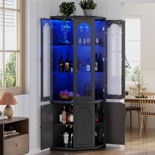 Home Bar Shelves - コーナーバーキャビネット（LEDライト付き）、強化ガラス扉と調節可能な棚付き背の高いモダンなワインキャビネット、ホームバー