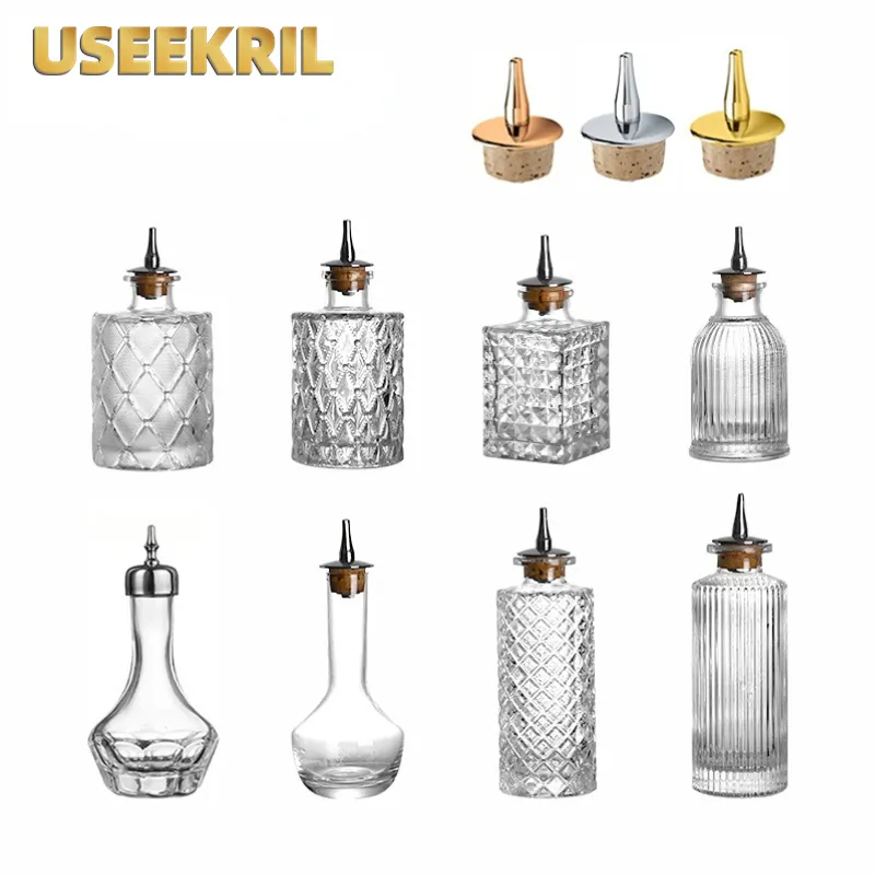 Bitters Bottle Set - カクテルビットボトル、キャップ付き、ステンレス鋼キャップ付きヴィンテージガラス、キッチン調味料ツール、バーバーバーテンダーアクセサリー
