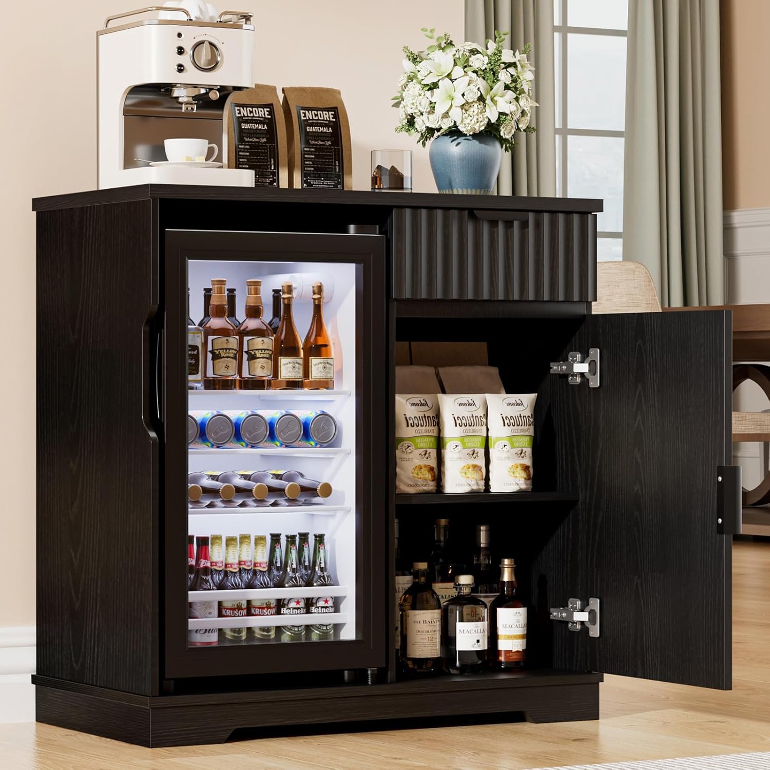 溝付きコーヒーバーキャビネット、ミニ冷蔵庫プルアウトドロワー - Home Bar And Fridge のレビューと価格