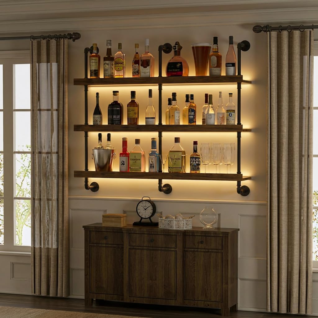 壁掛けワインラック LEDライト付き 3段フローティングバー - Home Bar Shelves のレビューと価格