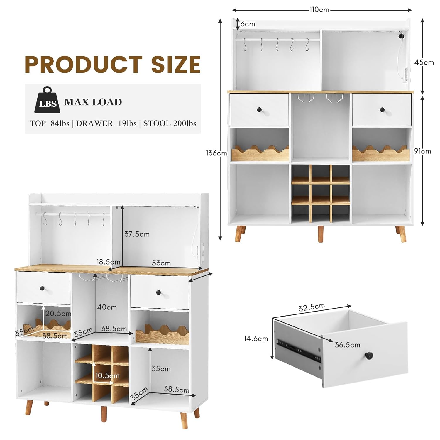 電源コンセントとLEDライト付きワインバーキャビネット、引き - Home Bar Shelves のレビューと価格