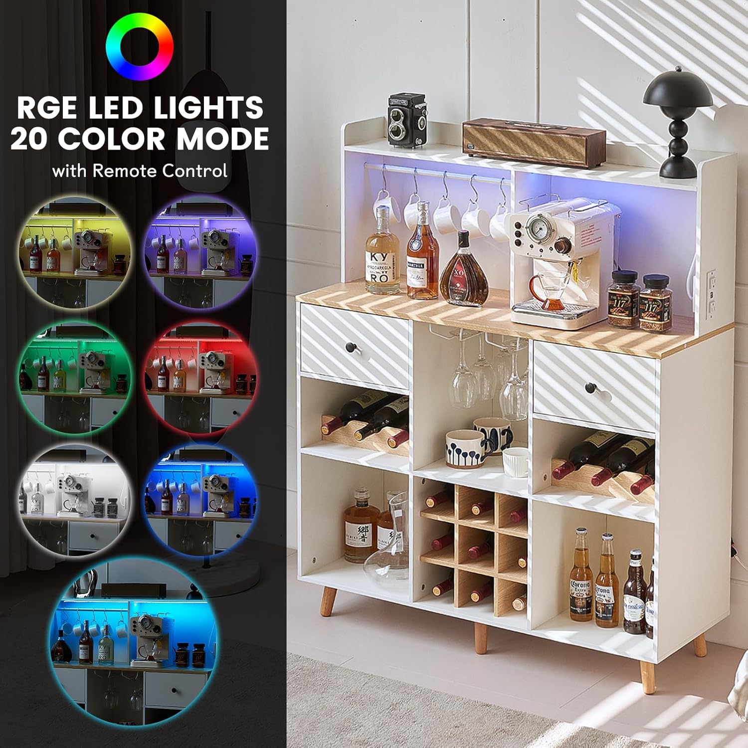 電源コンセントとLEDライト付きワインバーキャビネット、引き - Home Bar Shelves のレビューと価格