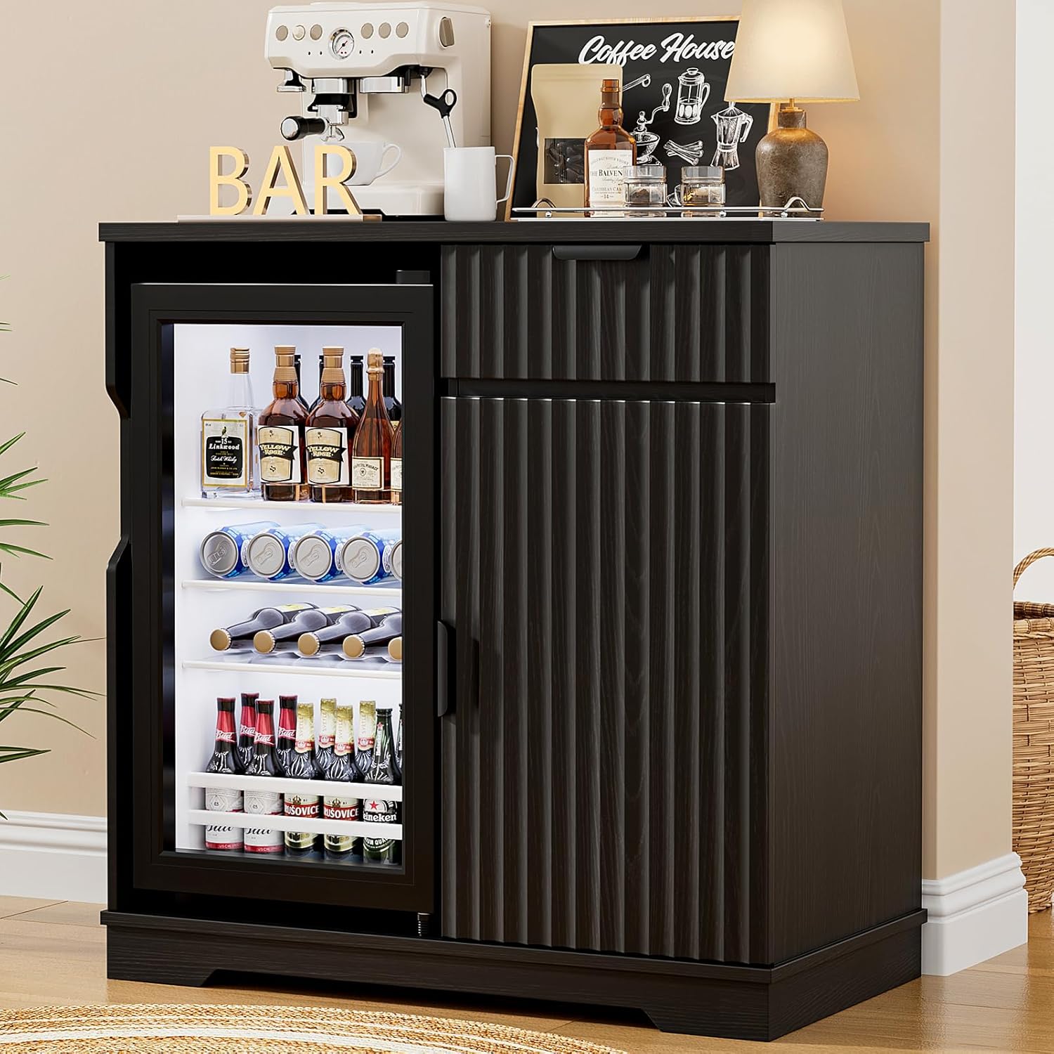 家庭用溝付きミニ冷蔵庫キャビネット（冷蔵庫付き）、ブラック  - Home Bar And Fridge のレビューと価格